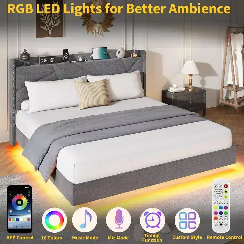 Cadre de lit plateforme flottant GustoWave rembourré avec lumières LED et station de recharge