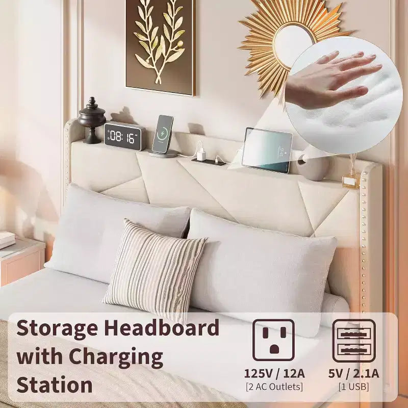 Cadre de lit plateforme flottant GustoWave rembourré avec lumières LED et station de recharge