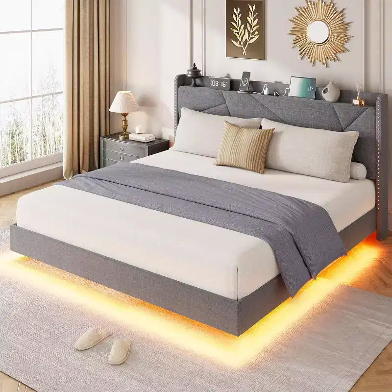 Cadre de lit plateforme flottant GustoWave rembourré avec lumières LED et station de recharge