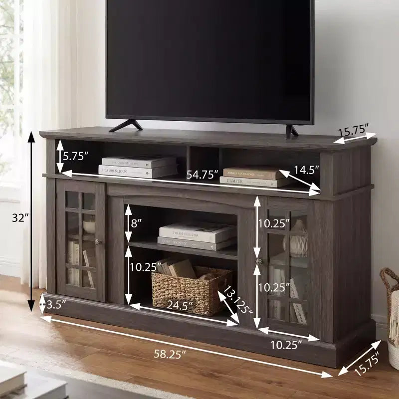 Meuble TV classique JVNOXK, console média moderne pour TV jusqu'à 65 pouces avec espaces de rangement ouverts et fermés, noyer foncé/noir