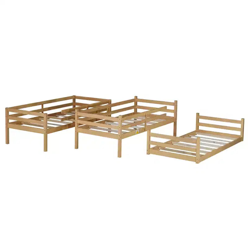 Lit superposé triple, lit superposé 3 places en bois massif avec deux échelles et garde-corps