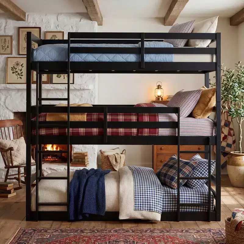 Lit superposé triple, lit superposé 3 places en bois massif avec deux échelles et garde-corps