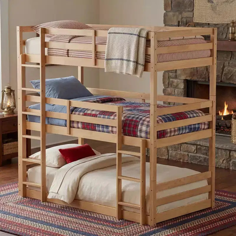Lit superposé triple, lit superposé 3 places en bois massif avec deux échelles et garde-corps