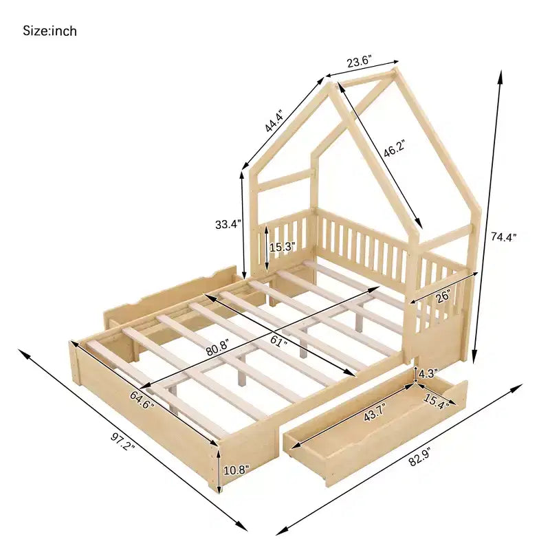 Lit en bois queen size FAMYYT?Avec garde-corps, 2 tiroirs, assemblage facile