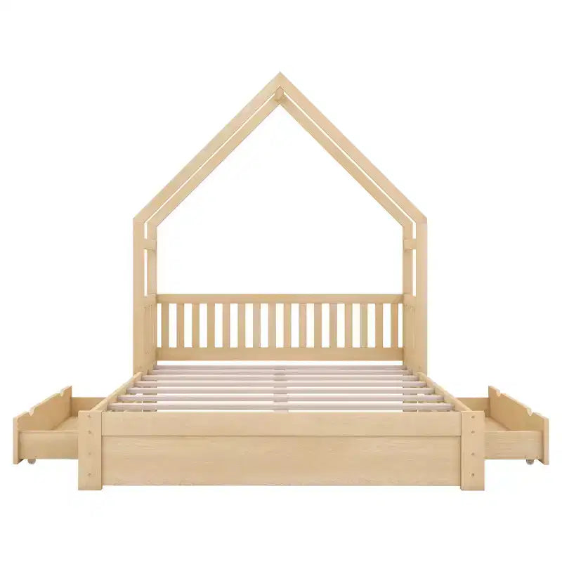 Lit en bois queen size FAMYYT?Avec garde-corps, 2 tiroirs, assemblage facile