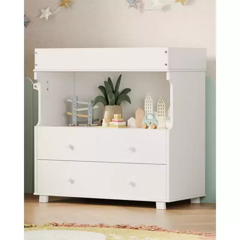 Baby Changing Table Dresser with 2 Drawers, Modern Nursery Dresser with an Open Storage Space, Diaper Changing Station for Bedroom, Kids Room, White