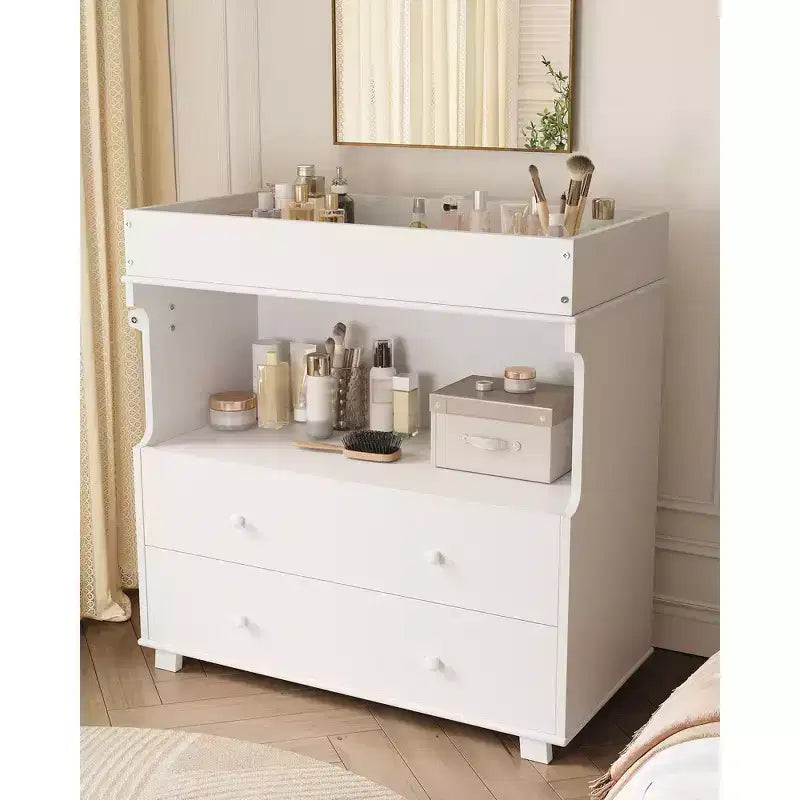 Commode à langer avec 2 tiroirs, commode moderne pour chambre d'enfant avec espace de rangement ouvert, table à langer pour chambre à coucher, chambre d'enfant, blanc