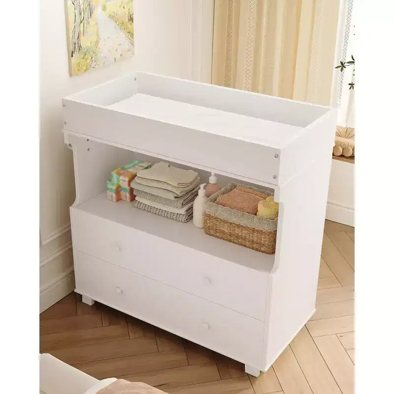 Commode à langer avec 2 tiroirs, commode moderne pour chambre d'enfant avec espace de rangement ouvert, table à langer pour chambre à coucher, chambre d'enfant, blanc