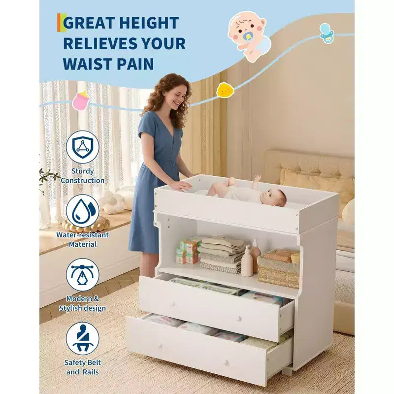 Commode à langer avec 2 tiroirs, commode moderne pour chambre d'enfant avec espace de rangement ouvert, table à langer pour chambre à coucher, chambre d'enfant, blanc
