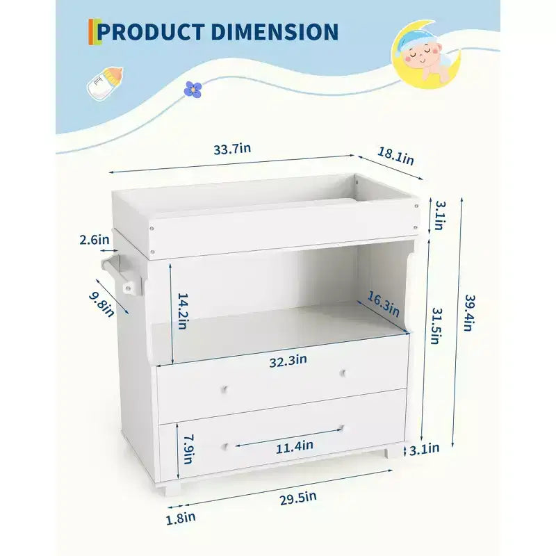Commode à langer avec 2 tiroirs, commode moderne pour chambre d'enfant avec espace de rangement ouvert, table à langer pour chambre à coucher, chambre d'enfant, blanc