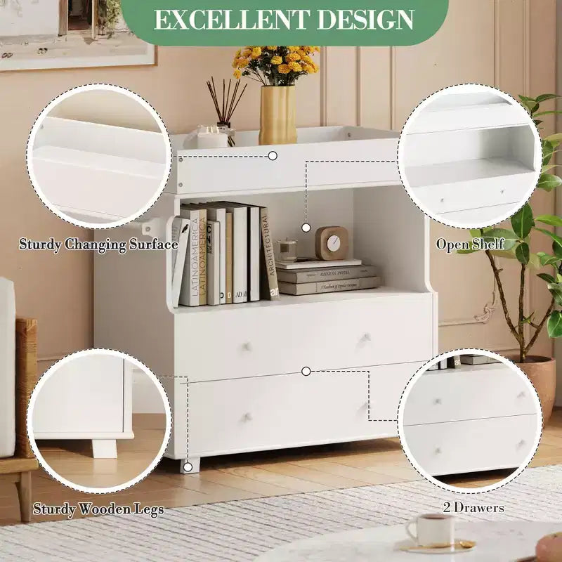 Commode à langer avec 2 tiroirs, commode moderne pour chambre d'enfant avec espace de rangement ouvert, table à langer pour chambre à coucher, chambre d'enfant, blanc