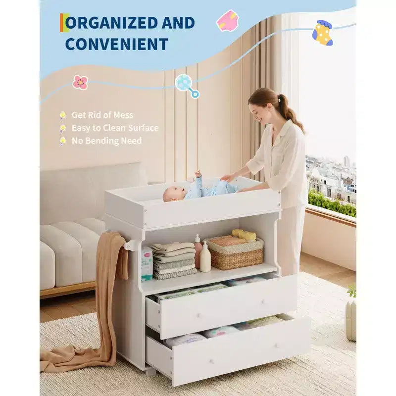 Commode à langer avec 2 tiroirs, commode moderne pour chambre d'enfant avec espace de rangement ouvert, table à langer pour chambre à coucher, chambre d'enfant, blanc