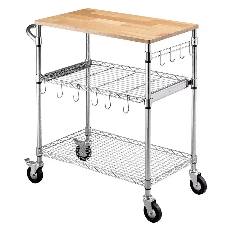 VEVOR Kitchen Utility Cart, 3 Tier Heavy Duty Adjustable Wire Storage Rack with Wood Tabletop and Handle Bar, Silver