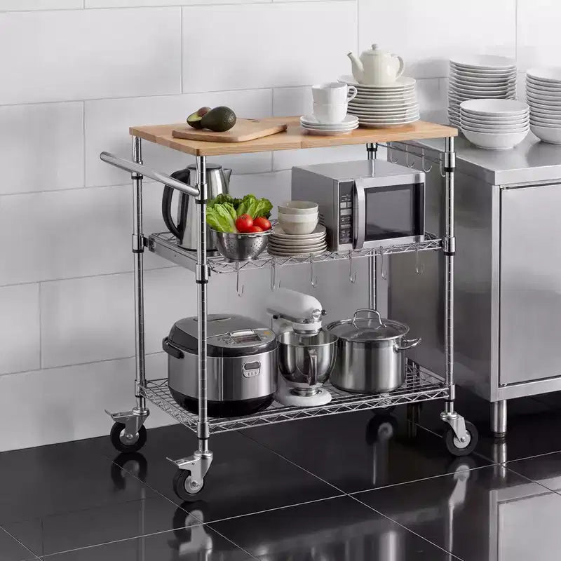 Chariot de cuisine VEVOR, Étagère de rangement métallique réglable à 3 niveaux robuste avec plateau en bois et barre de poignée, Argent