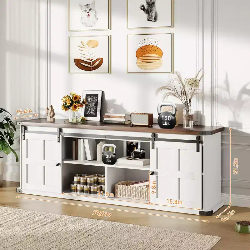 Meuble TV de ferme pour téléviseur de 75 pouces, console média de 70 pouces avec portes coulissantes de grange, armoires de rangement, étagères réglables, prises de courant intégrées