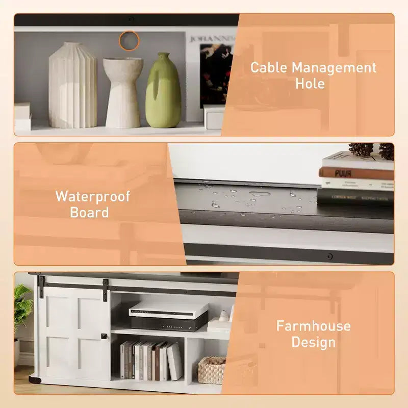 Meuble TV de ferme pour téléviseur de 75 pouces, console média de 70 pouces avec portes coulissantes de grange, armoires de rangement, étagères réglables, prises de courant intégrées