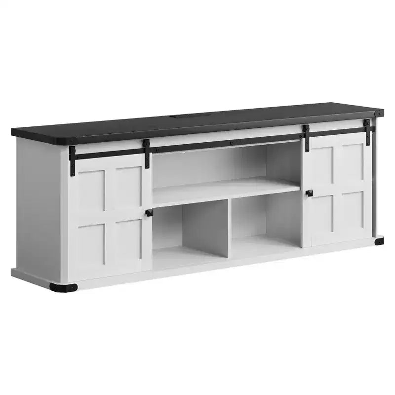 Farmhouse TV Stand for 75 Inch TV, 70 In Media Console with Sliding Barn Doors, Storage Cabinets, Adjustable Shelves, Built-In Power Outlets