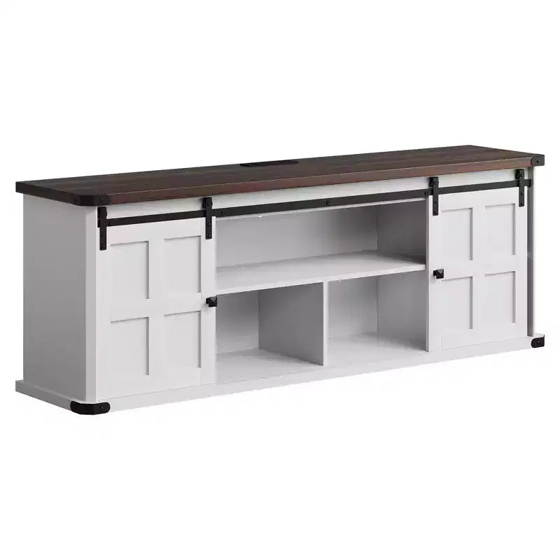 Meuble TV de ferme pour téléviseur de 75 pouces, console média de 70 pouces avec portes coulissantes de grange, armoires de rangement, étagères réglables, prises de courant intégrées