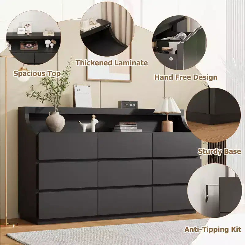 Commode à 9 tiroirs, Commodes et chiffonniers modernes avec dispositif anti-basculement pour chambre à coucher et salon