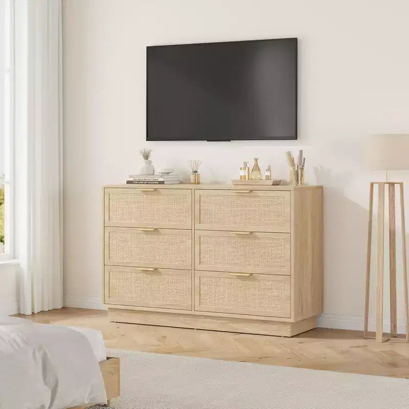 6 Drawer Rattan Dresser for Bedroom, Natural Wood Chest of Drawers with Integrated Legs, Rattan Dresser for Hallway, Entryway and Closet