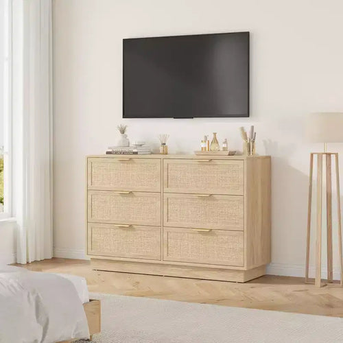 6 Drawer Rattan Dresser for Bedroom, Natural Wood Chest of Drawers with Integrated Legs, Rattan Dresser for Hallway, Entryway and Closet