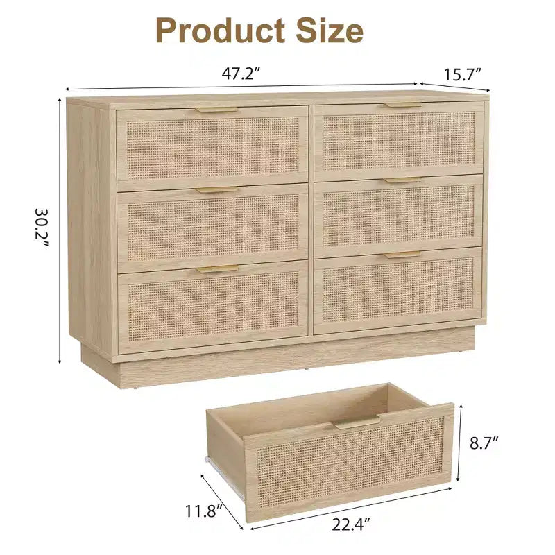 Commode à 6 tiroirs en rotin pour chambre à coucher, commode en bois naturel avec pieds intégrés, commode en rotin pour couloir, entrée et dressing