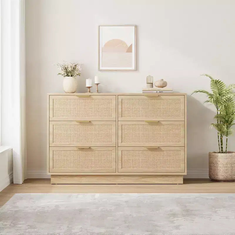 Commode à 6 tiroirs en rotin pour chambre à coucher, commode en bois naturel avec pieds intégrés, commode en rotin pour couloir, entrée et dressing