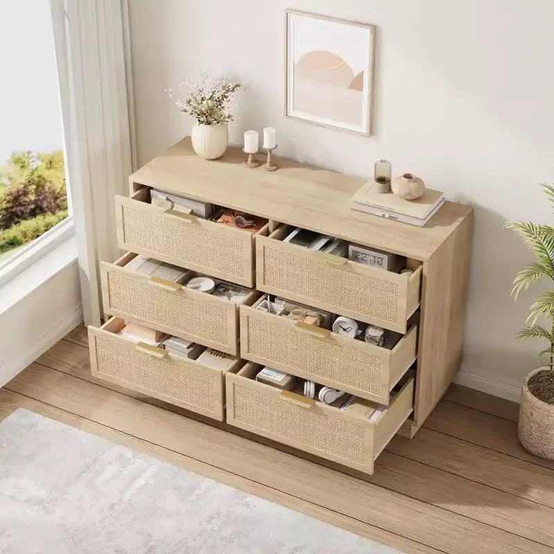 Commode à 6 tiroirs en rotin pour chambre à coucher, commode en bois naturel avec pieds intégrés, commode en rotin pour couloir, entrée et dressing