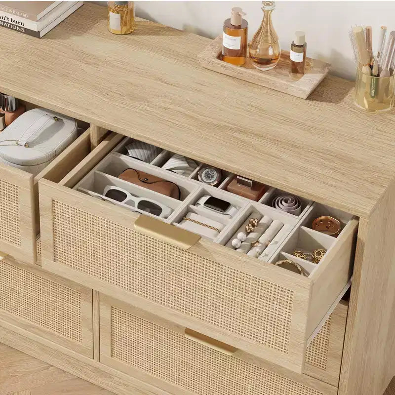 Commode à 6 tiroirs en rotin pour chambre à coucher, commode en bois naturel avec pieds intégrés, commode en rotin pour couloir, entrée et dressing