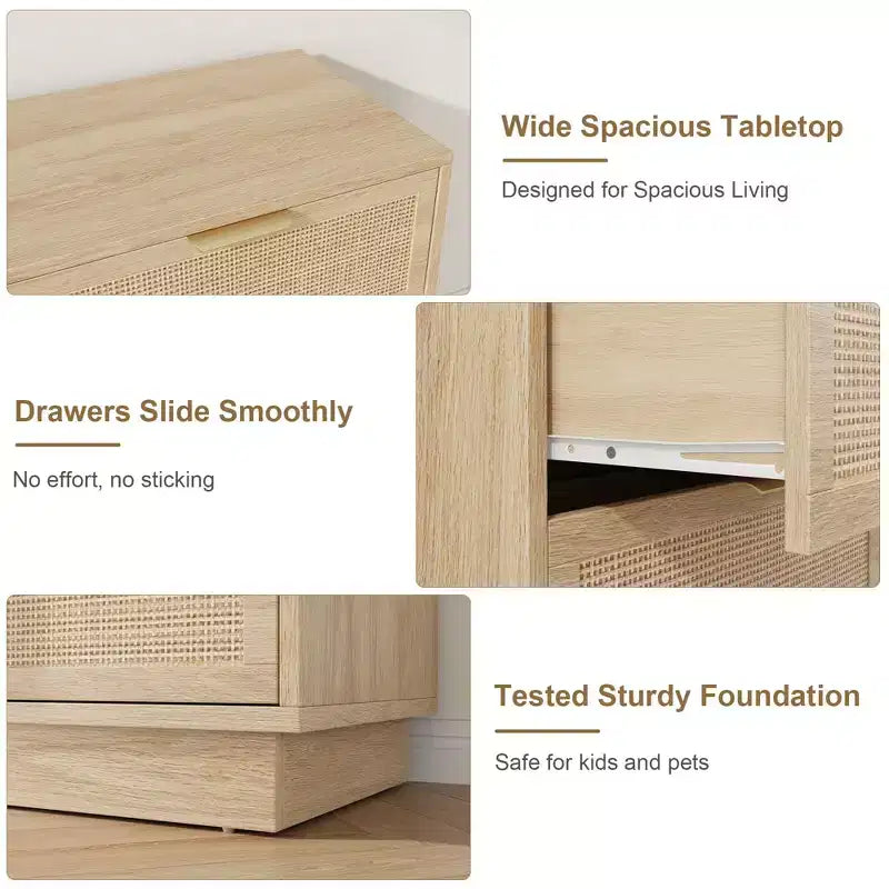 Commode à 6 tiroirs en rotin pour chambre à coucher, commode en bois naturel avec pieds intégrés, commode en rotin pour couloir, entrée et dressing