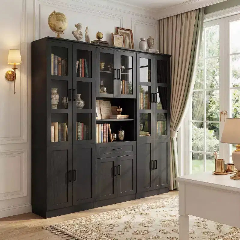 Ensemble de 3 meubles de cuisine avec portes vitrées, bibliothèque de rangement avec tiroir