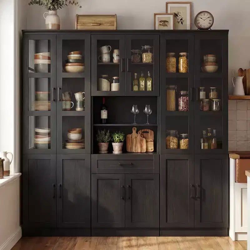 Ensemble de 3 meubles de cuisine avec portes vitrées, bibliothèque de rangement avec tiroir