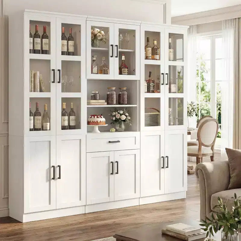 Ensemble de 3 meubles de cuisine avec portes vitrées, bibliothèque de rangement avec tiroir