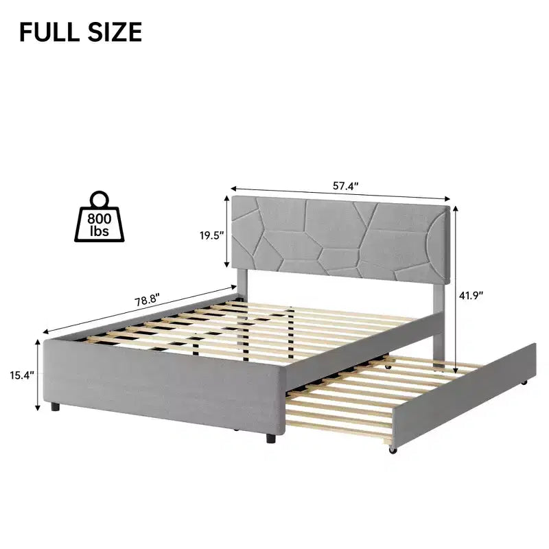 Queen Upholstered Bed Frame with Twin Size Trundle Bed, Platform Bed with Headboard, Wood Slat Support, 800lb Weight Capacity
