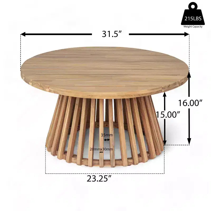 Table basse ronde de patio en bois d'acacia JVNOXK, table d'appoint extérieure en bois avec base rayée unique