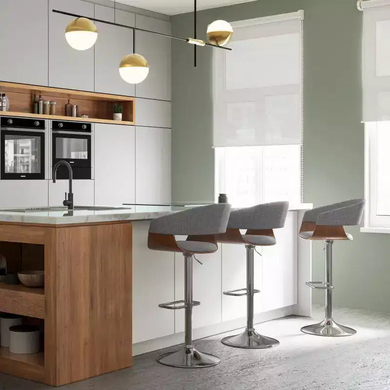 Adjustable Swivel Barstool - Light Gray | Mid-Century Modern, Upholstered, Steel Legs