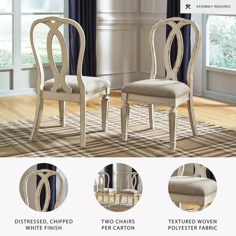 Lot de 2 chaises de salle à manger Realyn Ribbon Back rembourrées, blanc écaillé - Signature Design by Ashley : polyester, finition texturée, cadre en bois