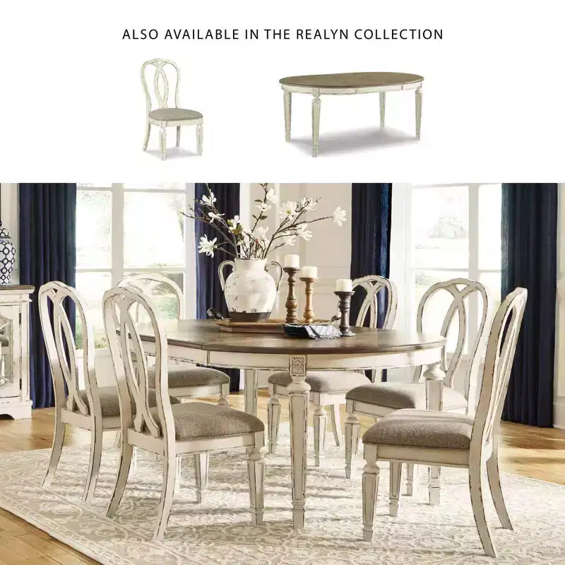 Lot de 2 chaises de salle à manger Realyn Ribbon Back rembourrées, blanc écaillé - Signature Design by Ashley : polyester, finition texturée, cadre en bois