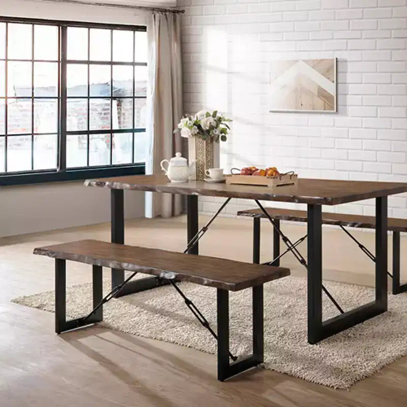Banc de salle à manger Wade Wood 54" en noyer, disponible 24h/24, 7j/7 : Base industrielle en tréteau, finition vieillie, cadre en métal