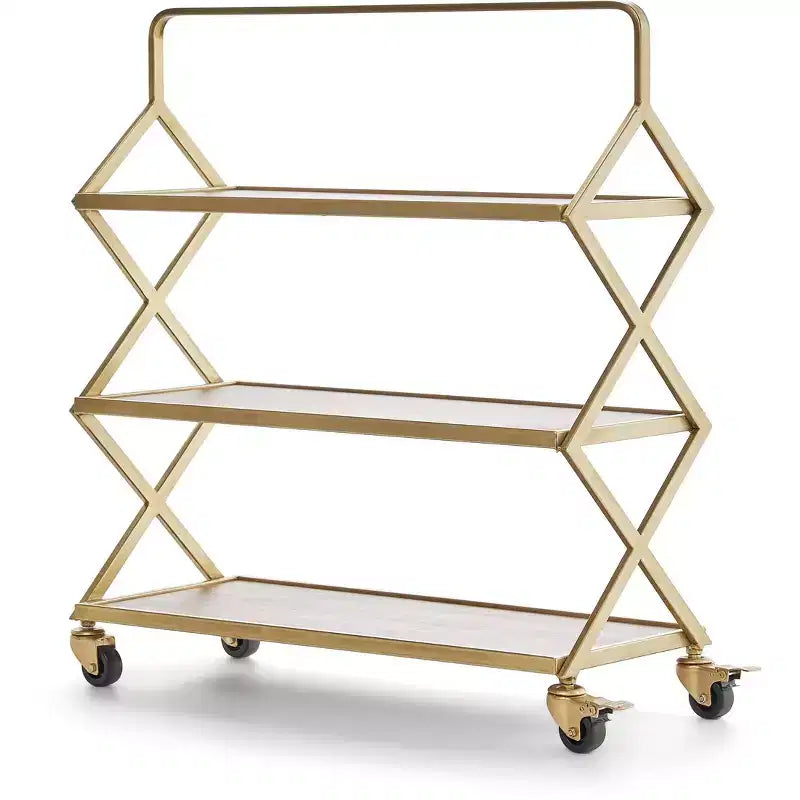 Desserte Hudson dorée - Adore Decor : Rangement roulant, 3 étagères, surface en bois d'hévéa, aucun assemblage requis