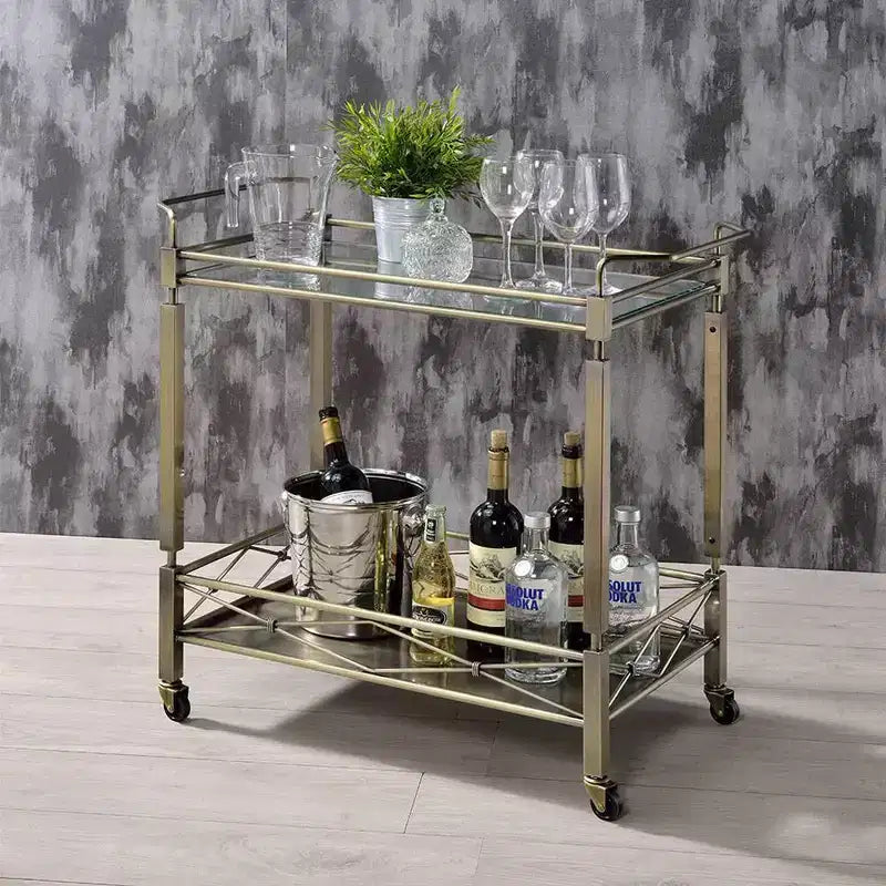 Chariot de service de bar Matiesen Acme Furniture, verre transparent et finition or antique