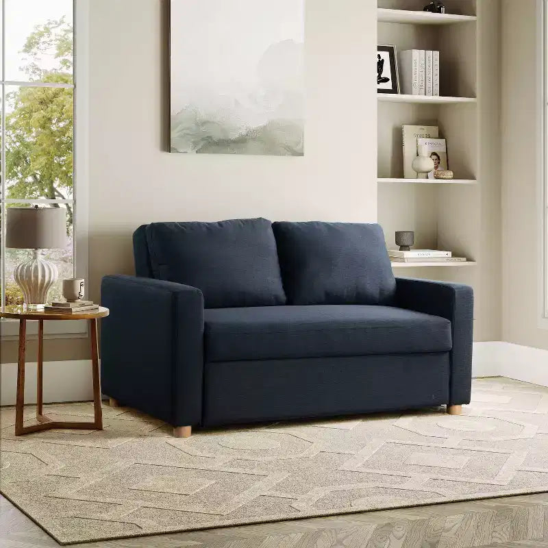 Canapé convertible Serta Aurora Tissu bleu marine : méridienne et lit double, coussins à ressorts ensachés, pieds en bois d'hévéa