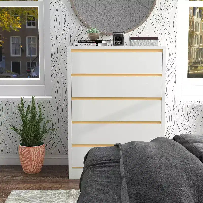 Gailyn Modern 5 Drawer Tall Chest White: Vertical Storage, Smooth Finish, Metal Hardware