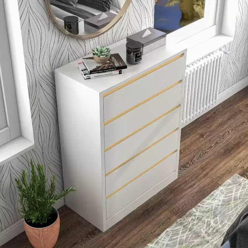 Gailyn Modern 5 Drawer Tall Chest White: Vertical Storage, Smooth Finish, Metal Hardware