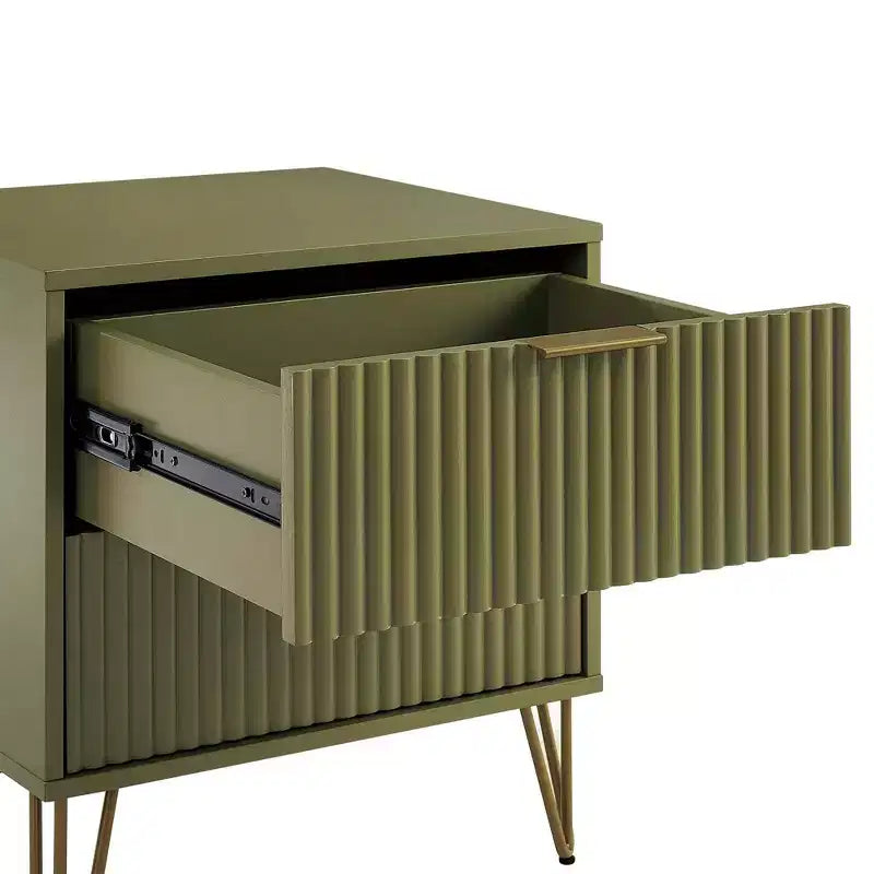 Table de chevet Dumbo à 2 tiroirs Manhattan Comfort vert olive : cadre en MDF brillant, quincaillerie en métal doré, style contemporain
