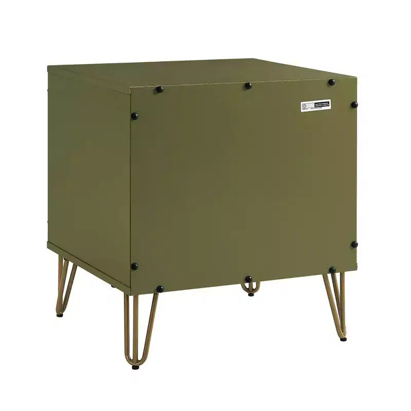 Table de chevet Dumbo à 2 tiroirs Manhattan Comfort vert olive : cadre en MDF brillant, quincaillerie en métal doré, style contemporain