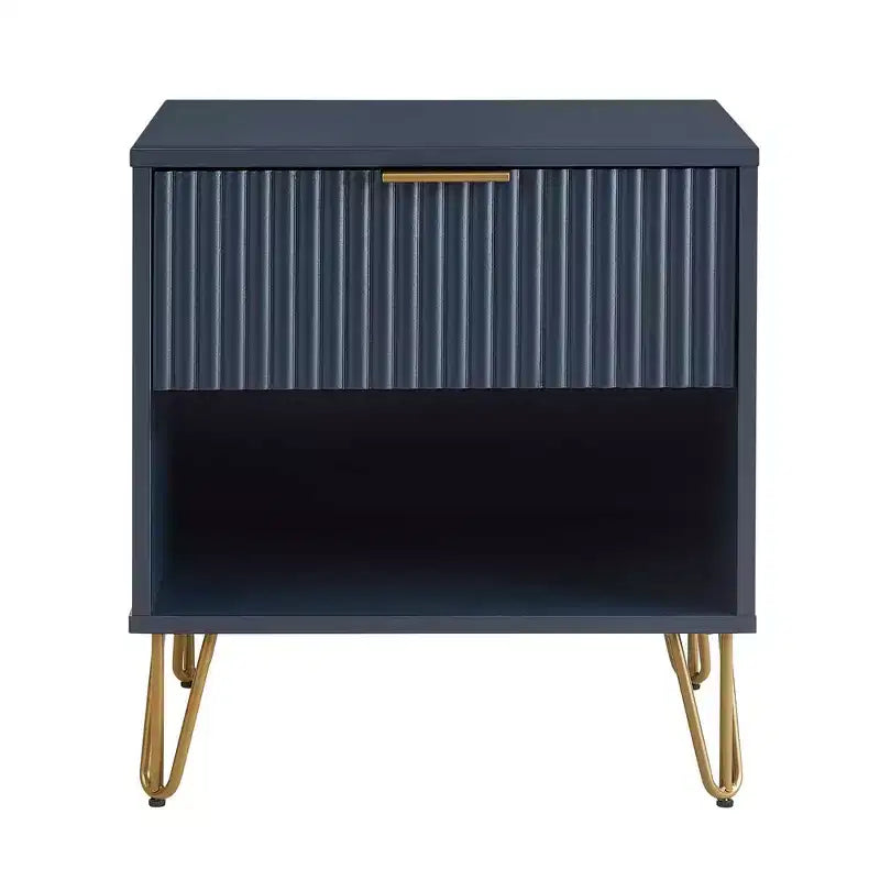Manhattan Comfort Dumbo Nightstand with Drawer Midnight Blue: Contemporary Storage, Metal Glides, Glossy Finish