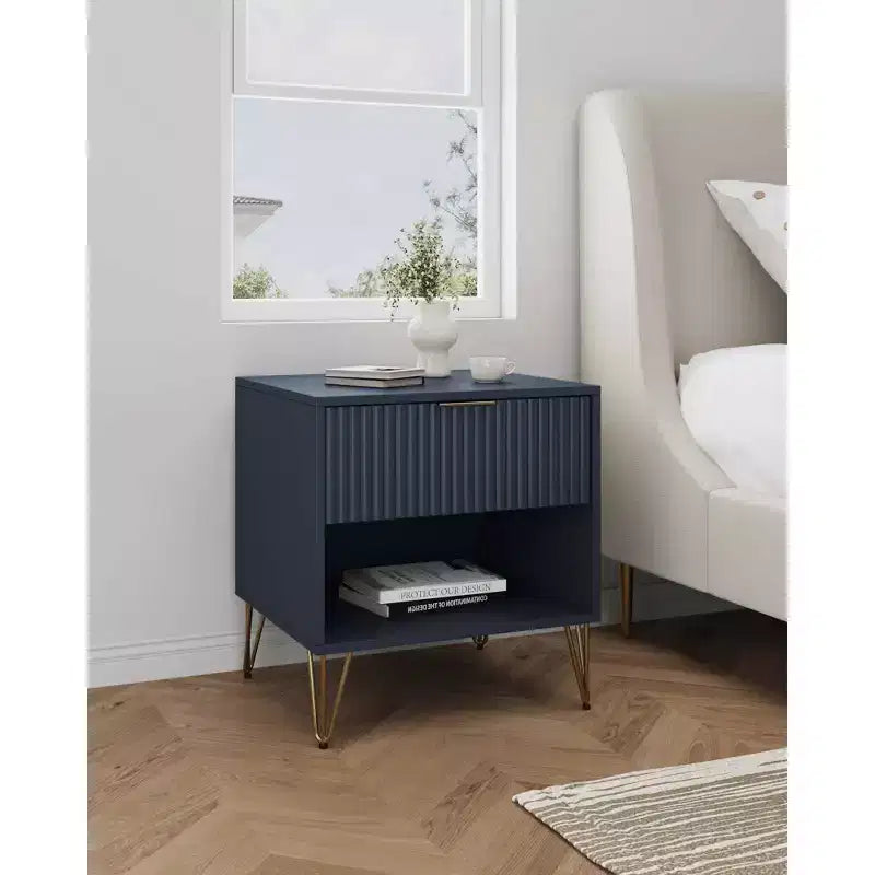 Manhattan Comfort Dumbo Table de chevet avec tiroir Bleu nuit : Rangement contemporain, Glissières en métal, Finition brillante
