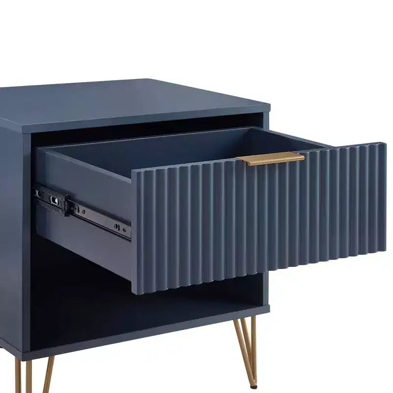 Manhattan Comfort Dumbo Table de chevet avec tiroir Bleu nuit : Rangement contemporain, Glissières en métal, Finition brillante