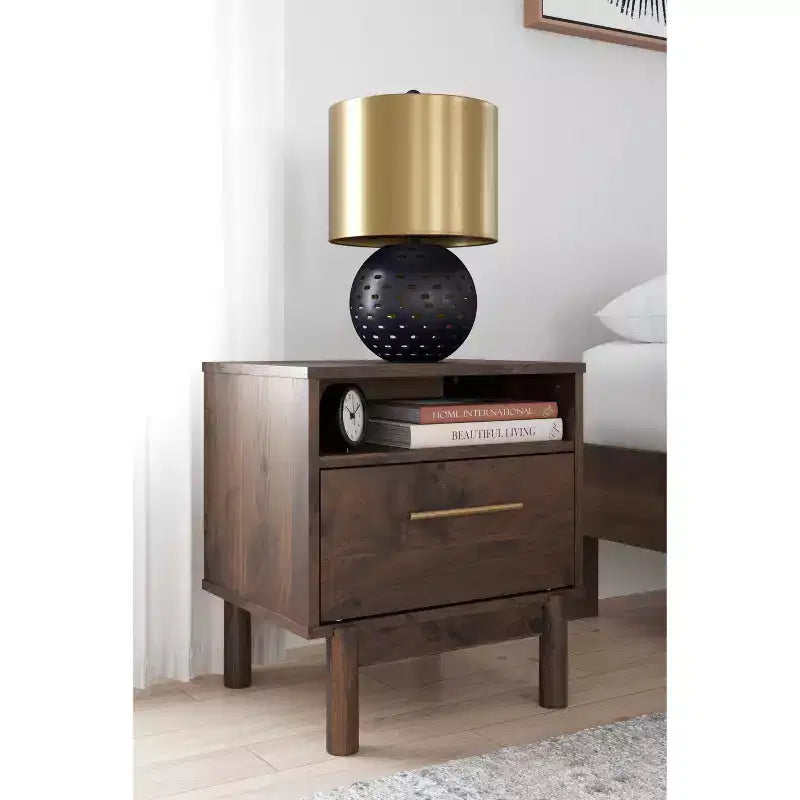 Calverson Nightstand Brown/Beige: Industrial Bedside Table with Storage, Metal Glides
